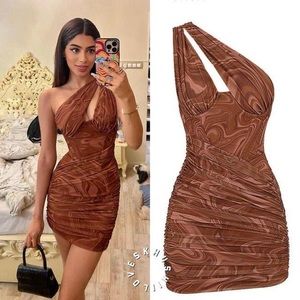 Brown Ruched Mini Dress.